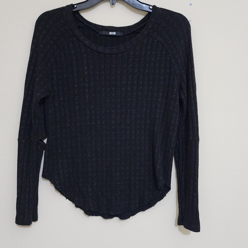 MONROW size Small Ribbed Knit Slash Elbow Raw‎ Hem Long Sleeve Top Black